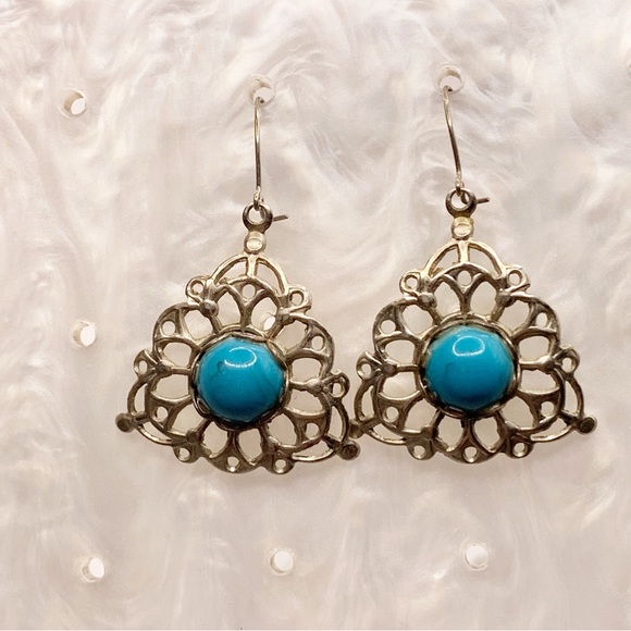 Vintage faux turquoise cabochon open work silver tone triangular earrings - Picture 8 of 8